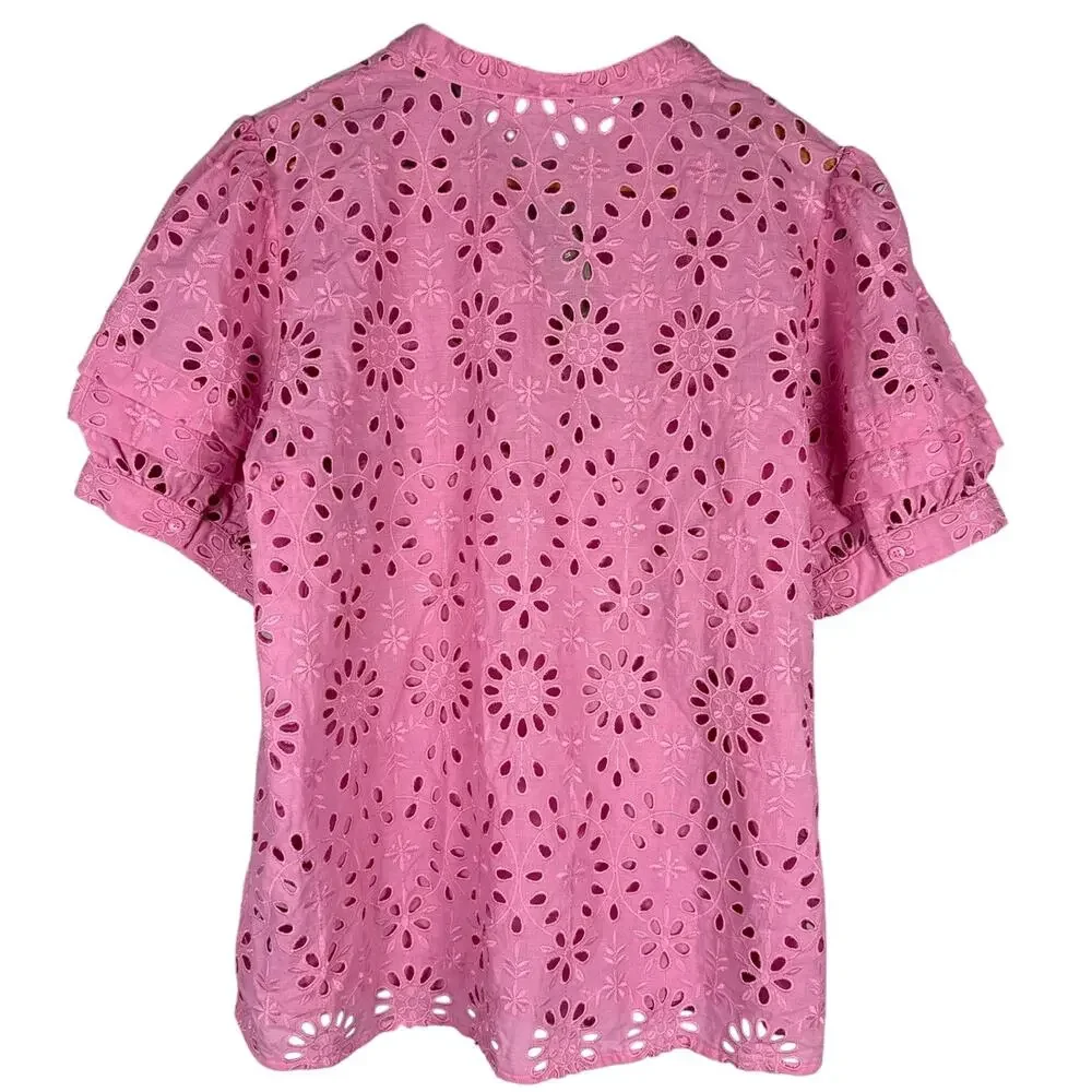 J. Crew Puff-Sleeve Popover Top in Pink Eyelet Size Large